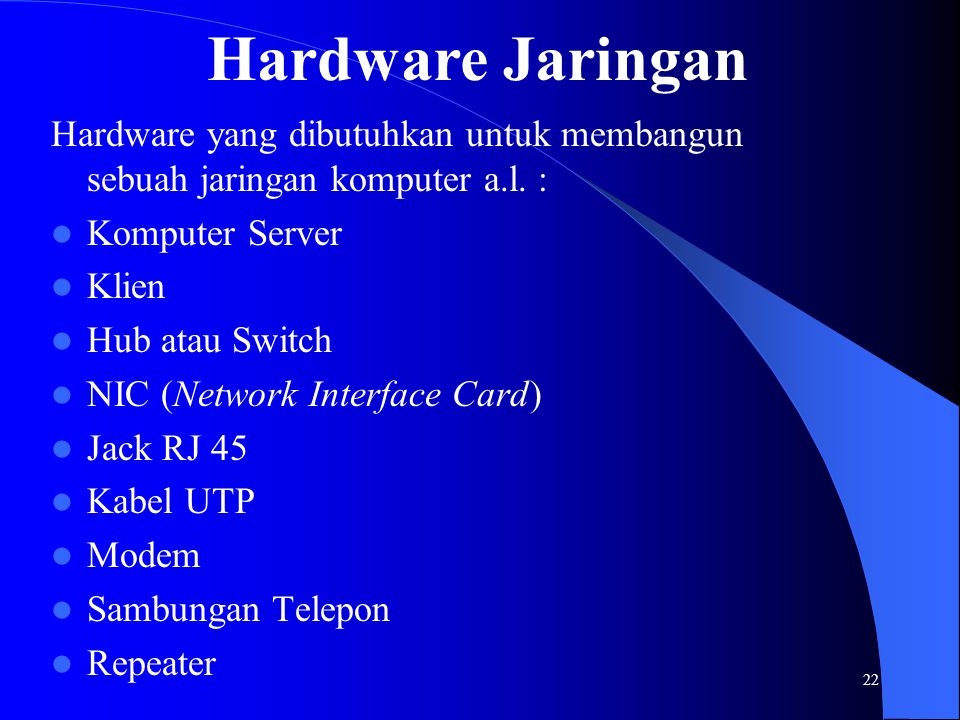 Hardware Jaringan Hardware yang dibutuhkan untuk membangun sebuah jaringan komputer a.l. : Komputer Server.