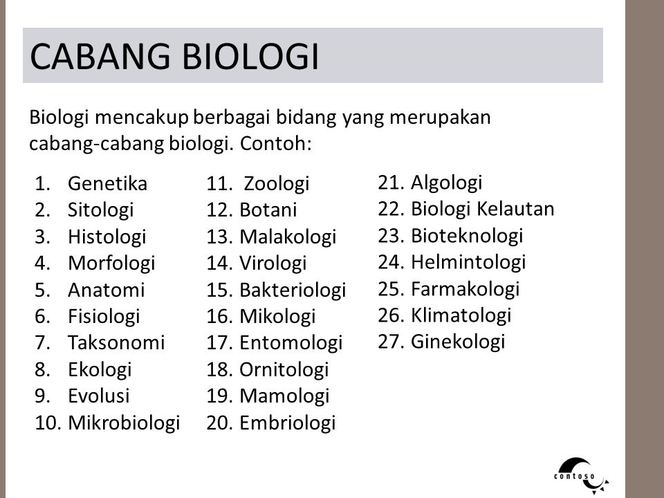 CABANG BIOLOGI Biologi mencakup berbagai bidang yang merupakan cabang-cabang biologi. Contoh: Genetika.