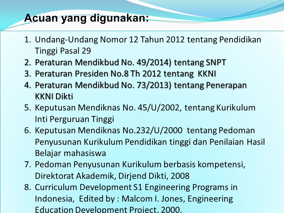 Acuan yang digunakan: Undang-Undang Nomor 12 Tahun 2012 tentang Pendidikan Tinggi Pasal 29. Peraturan Mendikbud No. 49/2014) tentang SNPT.
