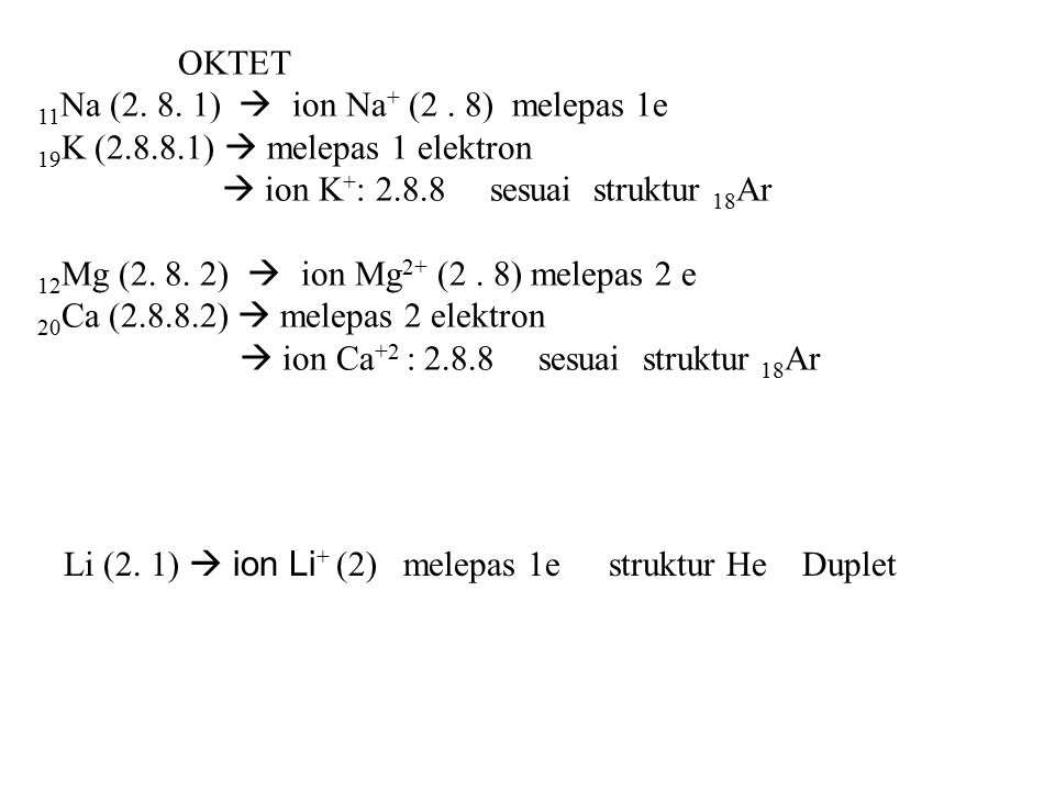 OKTET 11Na ( )  ion Na+ (2 . 8) melepas 1e. 19K ( )  melepas 1 elektron.  ion K+: sesuai struktur 18Ar.
