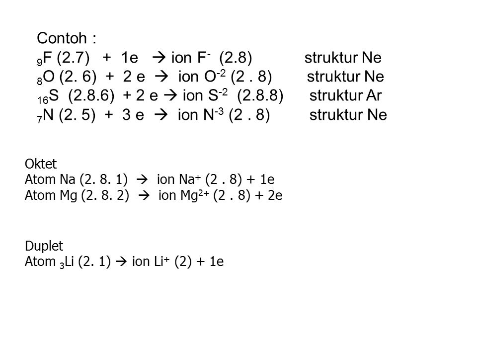 9F (2.7) + 1e  ion F- (2.8) struktur Ne