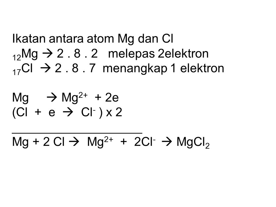 Ikatan antara atom Mg dan Cl 12Mg  melepas 2elektron 17Cl  2
