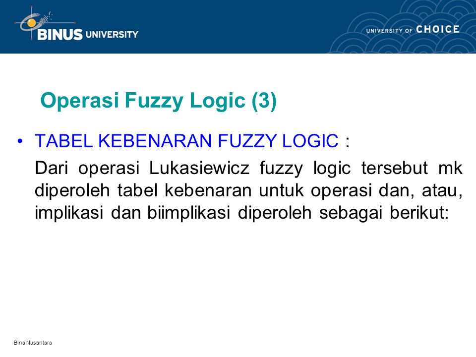 Operasi Fuzzy Logic (3) TABEL KEBENARAN FUZZY LOGIC :