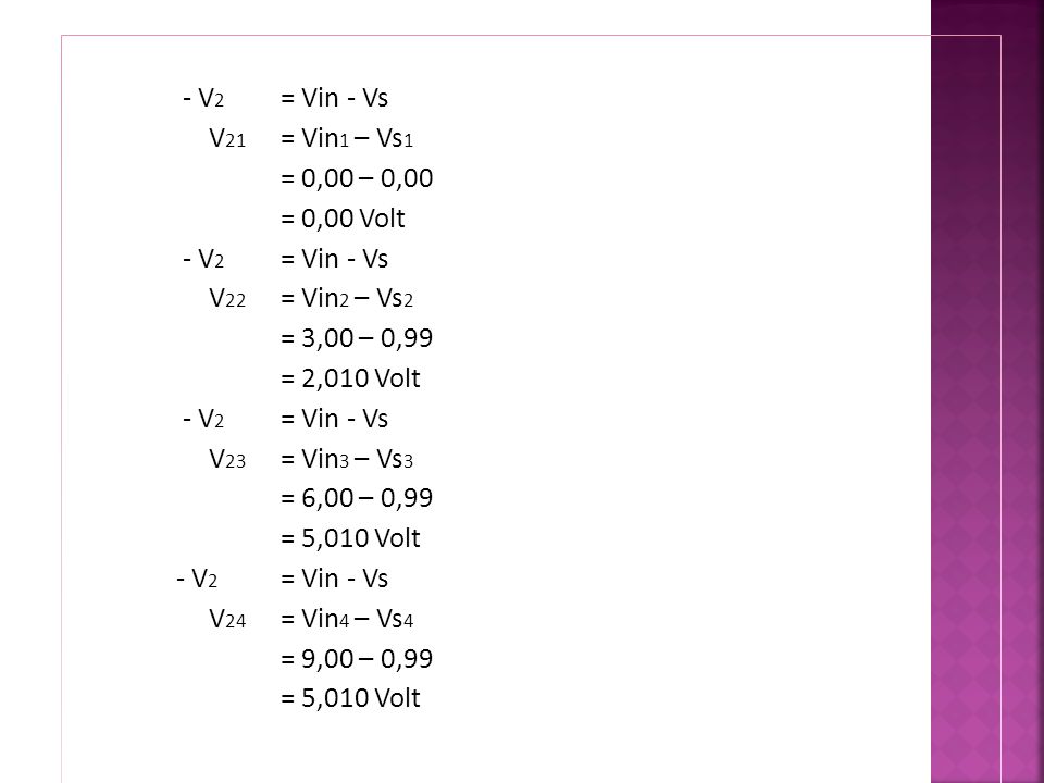 - V2 = Vin - Vs V21 = Vin1 – Vs1 = 0,00 – 0,00 = 0,00 Volt V22 = Vin2 – Vs2 = 3,00 – 0,99 = 2,010 Volt V23 = Vin3 – Vs3 = 6,00 – 0,99 = 5,010 Volt V24 = Vin4 – Vs4 = 9,00 – 0,99