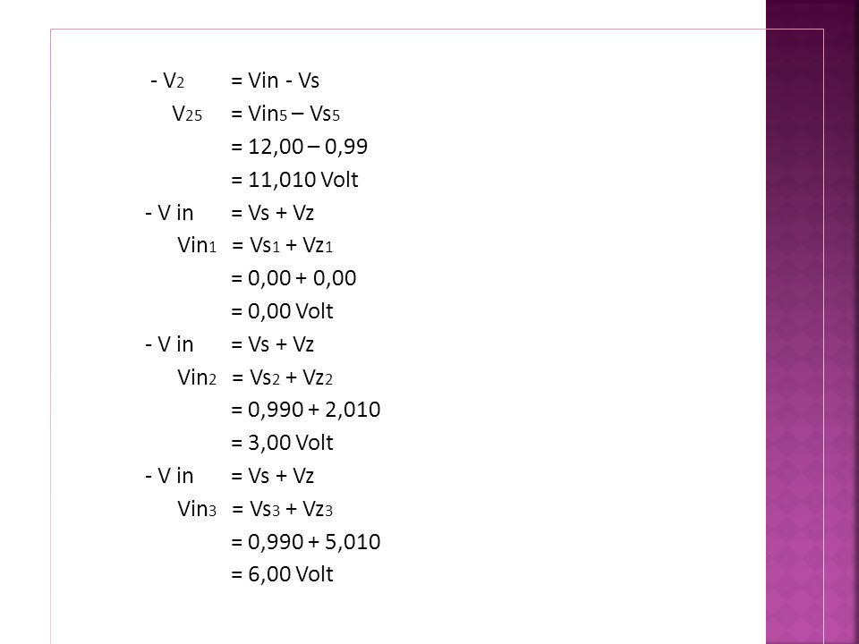 - V2 = Vin - Vs V25 = Vin5 – Vs5 = 12,00 – 0,99 = 11,010 Volt