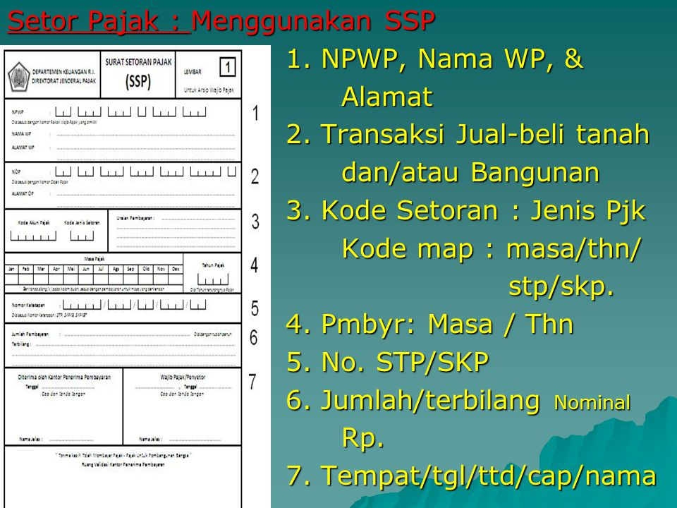 Setor Pajak : Menggunakan SSP 1. NPWP, Nama WP, & Alamat 2
