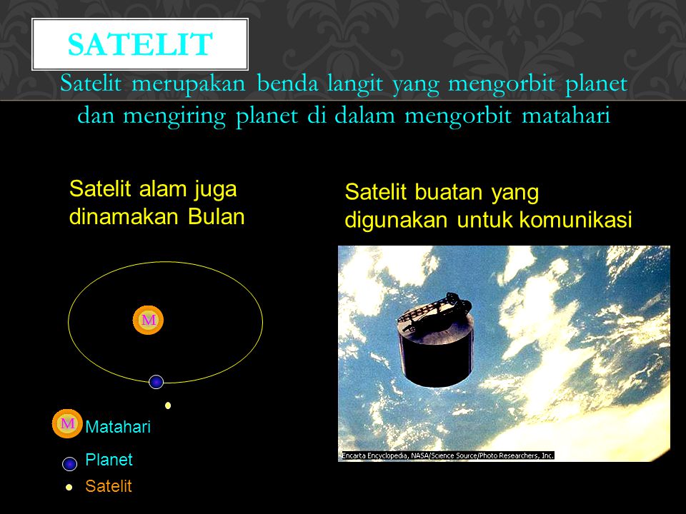 SATELIT Satelit merupakan benda langit yang mengorbit planet dan mengiring planet di dalam mengorbit matahari.