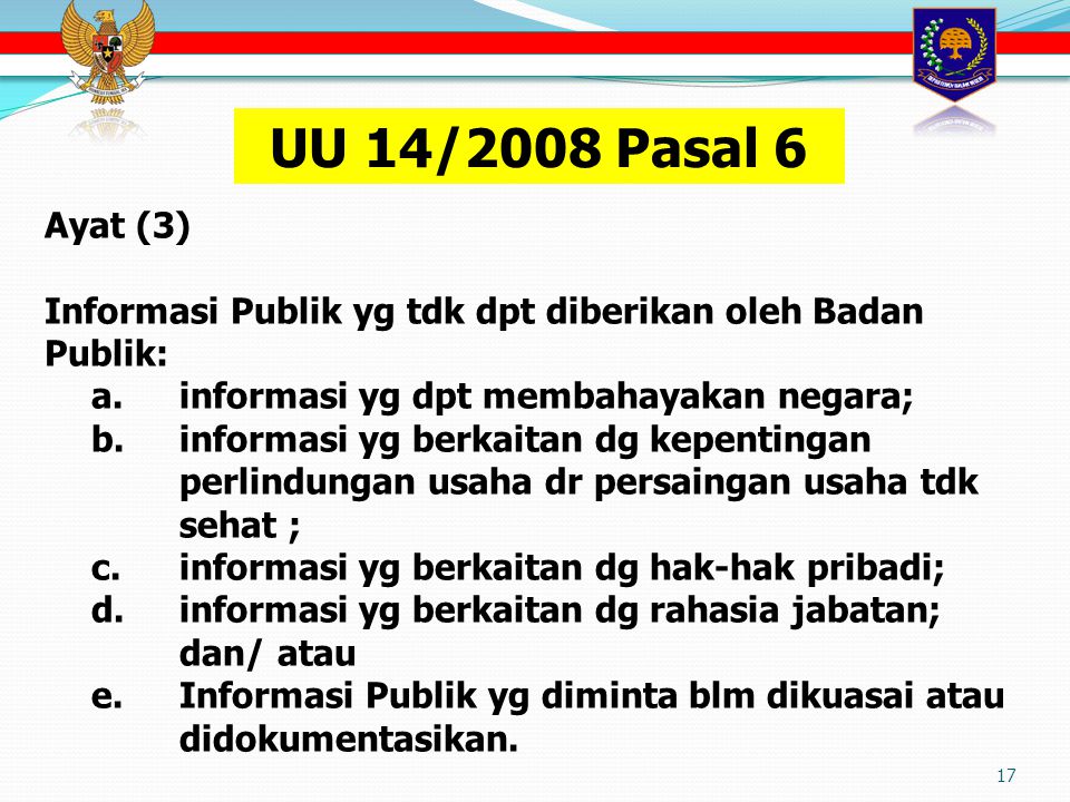 UU 14/2008 Pasal 6 Ayat (3) Informasi Publik yg tdk dpt diberikan oleh Badan Publik: a. informasi yg dpt membahayakan negara;