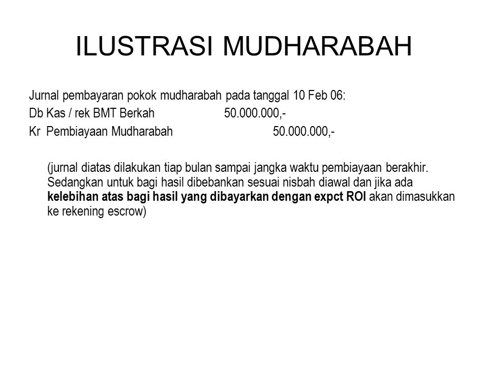 ILUSTRASI MUDHARABAH Jurnal pembayaran pokok mudharabah pada tanggal 10 Feb 06: Db Kas / rek BMT Berkah ,-