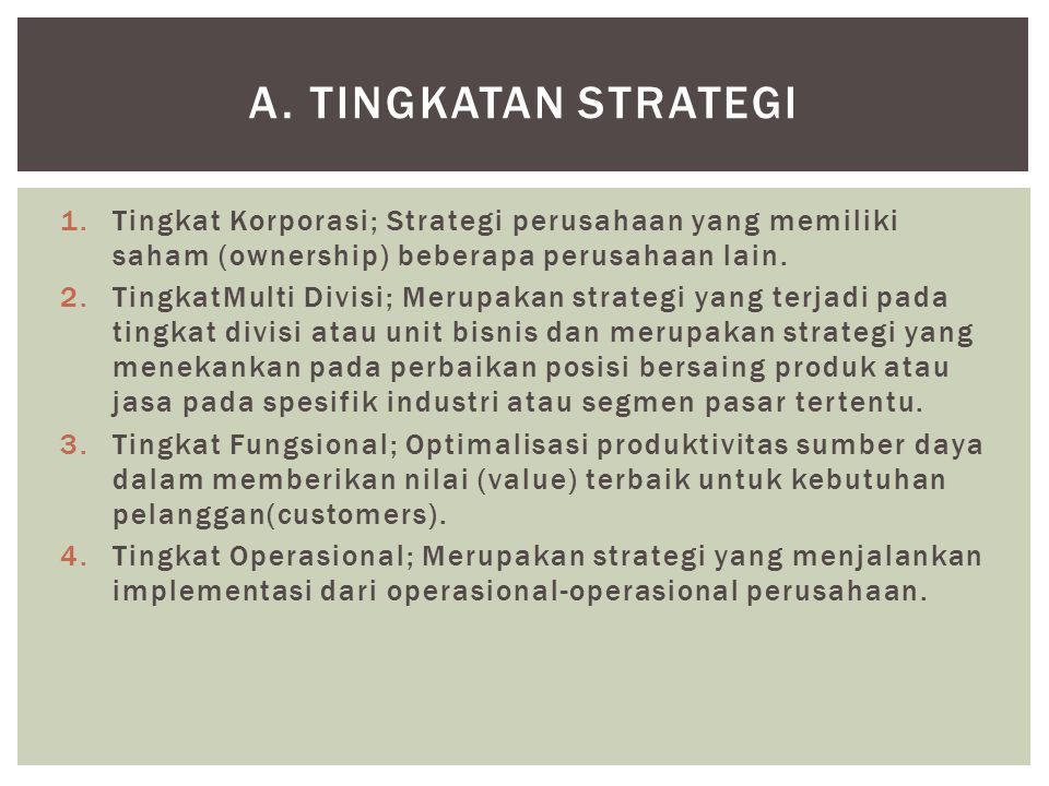 a. Tingkatan Strategi Tingkat Korporasi; Strategi perusahaan yang memiliki saham (ownership) beberapa perusahaan lain.