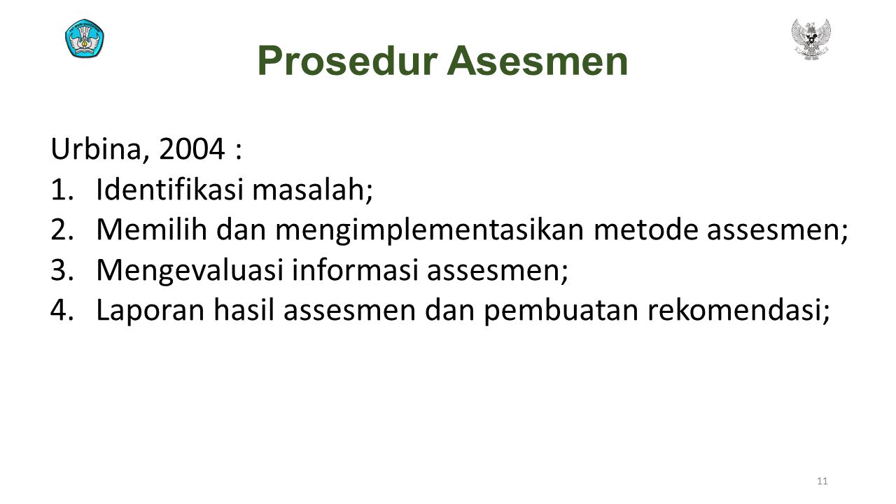 Prosedur Asesmen Urbina, 2004 : Identifikasi masalah;