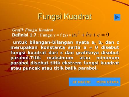 Fungsi Kuadrat Grafik Fungsi Kuadrat Definisi 1.7 : Fungsi y = f (x) =