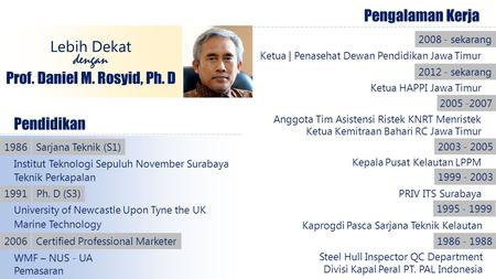 Pendidikan Institut Teknologi Sepuluh November Surabaya 1986 Teknik Perkapalan University of Newcastle Upon Tyne the UK Sarjana Teknik (S1) 1991Ph. D (S3)