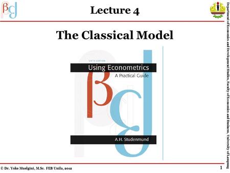 Lecture 4 The Classical Model © Dr. Yoke Muelgini, M.Sc. FEB Unila, 2012 Department of Economics and Development Studies, Faculty of Economics and Business,