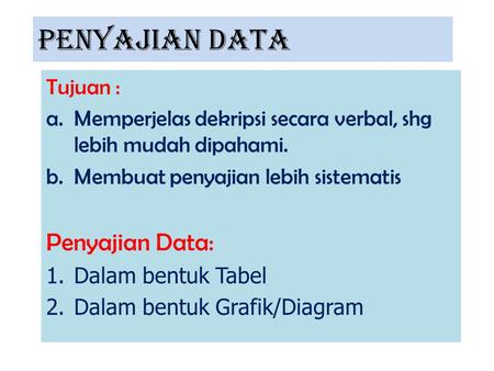 PENYAJIAN DATA Penyajian Data: Tujuan :