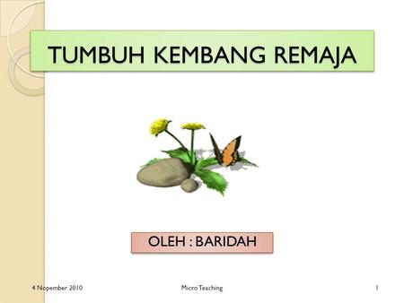 TUMBUH KEMBANG REMAJA OLEH : BARIDAH 4 Nopember 2010Micro Teaching1.