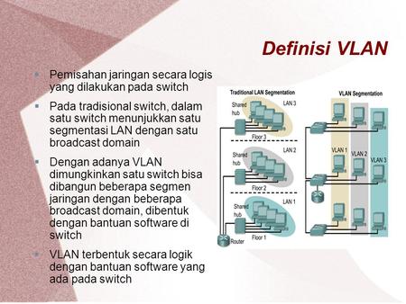 Definisi VLAN Pemisahan jaringan secara logis yang dilakukan pada switch Pada tradisional switch, dalam satu switch menunjukkan satu segmentasi LAN.