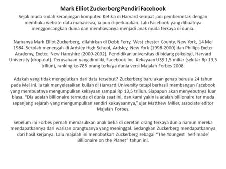 Mark Elliot Zuckerberg Pendiri Facebook