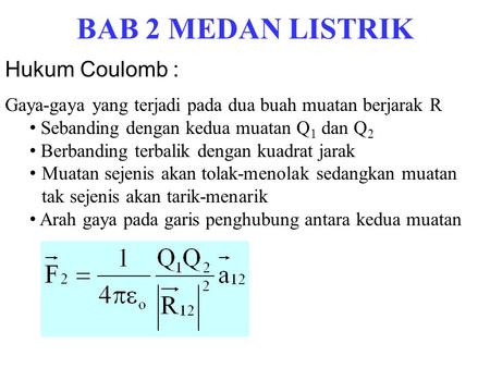 BAB 2 MEDAN LISTRIK Hukum Coulomb :