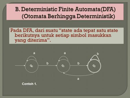 B. Deterministic Finite Automata(DFA) (Otomata Berhingga Deterministik) Pada DFA, dari suatu “state ada tepat satu state berikutnya untuk setiap simbol.
