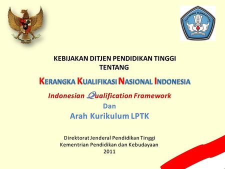 KEBIJAKAN DITJEN PENDIDIKAN TINGGI TENTANG. TOPIK Kerangka Kualifikasi Nasional Indonesia Kurikulum di LPTKHarapan Ditjen Dikti Kemdikbud.