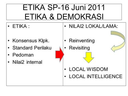 ETIKA SP-16 Juni 2011 ETIKA & DEMOKRASI ETIKA : Konsensus Klpk. Standard Perilaku Pedoman Nilai2 internal NILAI2 LOKAL/LAMA: Reinventing Revisiting LOCAL.