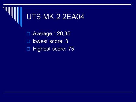 UTS MK 2 2EA04  Average : 28,35  lowest score: 3  Highest score: 75.