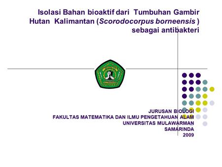 Isolasi Bahan bioaktif dari Tumbuhan Gambir Hutan Kalimantan (Scorodocorpus borneensis ) sebagai antibakteri JURUSAN BIOLOGI FAKULTAS MATEMATIKA DAN.