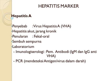HEPATITIS MARKER Hepatitis A Penyebab : Virus Hepatitis A (VHA)