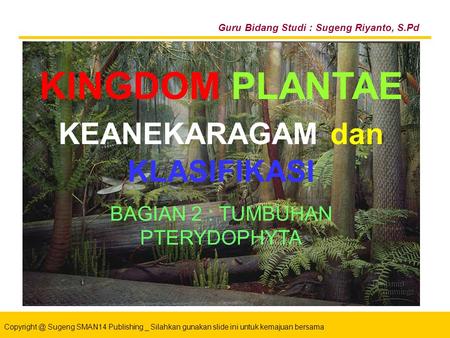 Sugeng SMAN14 Publishing _ Silahkan gunakan slide ini untuk kemajuan bersama KINGDOM PLANTAE Bahan Ajar PowerPoint ® Untuk : Siswa SMA Kelas.