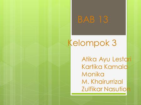 Kelompok 3 Atika Ayu Lestari Kartika Kamala Monika M. Khairurrizal Zulfikar Nasution BAB 13.