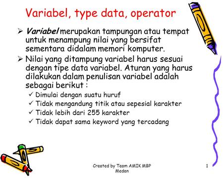Variabel, type data, operator