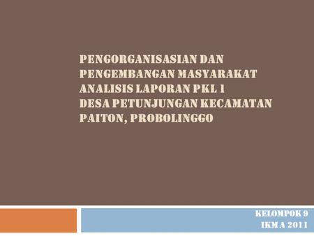 PENGORGANISASIAN DAN PENGEMBANGAN MASYARAKAT ANALISIS LAPORAN PKL 1 DESA PETUNJUNGAN KECAMATAN PAITON, probolinggo Kelompok 9 Ikm a 2011.