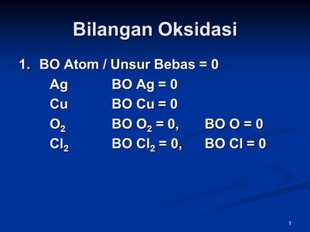 Bilangan Oksidasi BO Atom / Unsur Bebas = 0 Ag BO Ag = 0 Cu BO Cu = 0