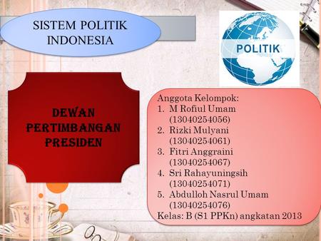 SISTEM POLITIK INDONESIA Anggota Kelompok: 1.M Rofiul Umam (13040254056) 2.Rizki Mulyani (13040254061) 3.Fitri Anggraini (13040254067) 4.Sri Rahayuningsih.