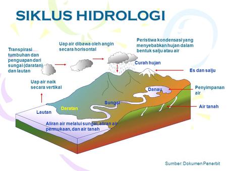 SIKLUS HIDROLOGI Peristiwa kondensasi yang menyebabkan hujan dalam bentuk salju atau air Uap air dibawa oleh angin secara horisontal Transpirasi tumbuhan.