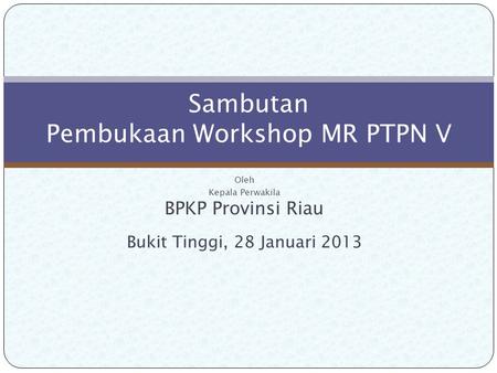 Oleh Kepala Perwakila BPKP Provinsi Riau Bukit Tinggi, 28 Januari 2013 Sambutan Pembukaan Workshop MR PTPN V.