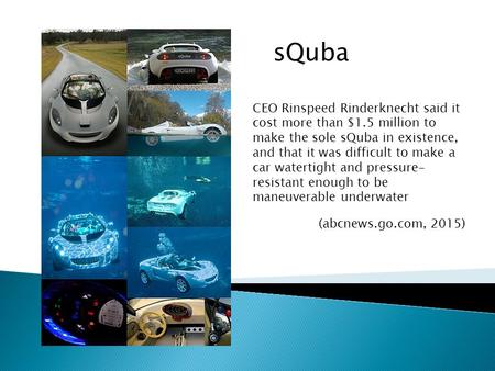 SQuba CEO Rinspeed Rinderknecht said it cost more than $1.5 million to make the sole sQuba in existence, and that it was difficult to make a car watertight.