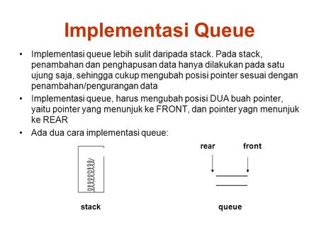 Implementasi Queue Implementasi queue lebih sulit daripada stack. Pada stack, penambahan dan penghapusan data hanya dilakukan pada satu ujung saja, sehingga.