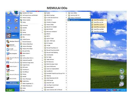 MEMULAI OOo. Toolbar: 1.New23. data source 2.Open24. Nonprinting character 3.Save25. Zoom 4.Document as Email26. OpenOffice.org Help 5.Edit File27. Styles.