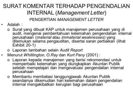 SURAT KOMENTAR TERHADAP PENGENDALIAN INTERNAL (Management Letter)