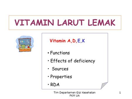 Tim Departemen Gizi Kesehatan FKM UA 1 VITAMIN LARUT LEMAK Vitamin A,D,E,K Functions Effects of deficiency Sources Properties RDA.