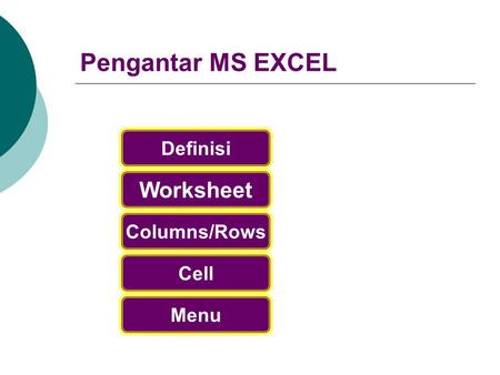 Pengantar MS EXCEL Definisi Worksheet Columns/Rows Cell Menu.