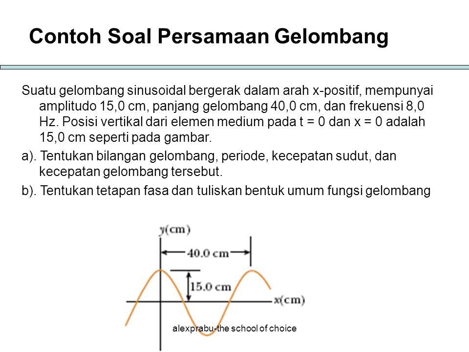 Contoh Soal Persamaan Gelombang Suatu Gelombang Sinusoidal Bergerak Dalam Arah X Positif Mempunyai Amplitudo 15 0 Cm Panjang Gelombang 40 0 Cm Dan Frekuensi Ppt Download