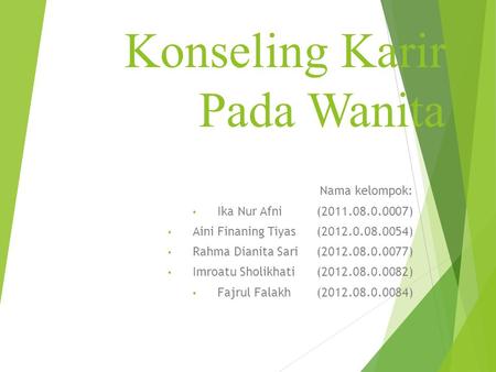 Konseling Karir Pada Wanita Nama kelompok: Ika Nur Afni(2011.08.0.0007) Aini Finaning Tiyas(2012.0.08.0054) Rahma Dianita Sari(2012.08.0.0077) Imroatu.