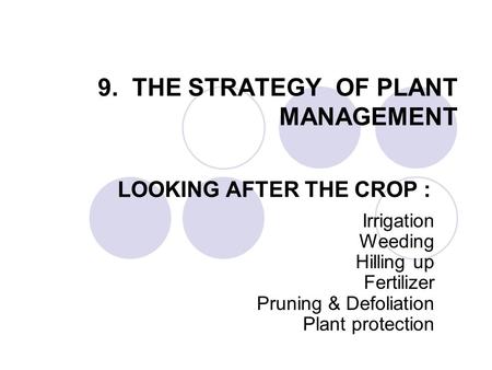 9. THE STRATEGY OF PLANT MANAGEMENT