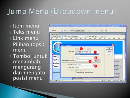 1. Item menu 2. Teks menu 3. Link menu 4. Pilihan (opsi) menu 5. Tombol untuk menambah, mengurang dan mengatur posisi menu.