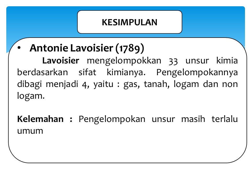 Kesimpulan Antonie Lavoisier 1789 Lavoisier Mengelompokkan 33 Unsur Kimia Berdasarkan Sifat Kimianya Pengelompokannya Dibagi Menjadi 4 Yaitu Gas Ppt Download