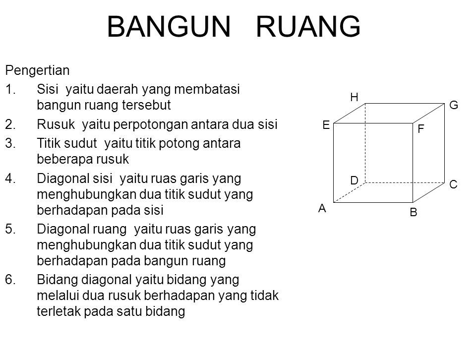 Bangun Ruang Pengertian 1 Sisi Yaitu Daerah Yang Membatasi Bangun Ruang Tersebut 2 Rusuk Yaitu Perpotongan Antara Dua Sisi 3 Titik Sudut Yaitu Titik Potong Ppt Download