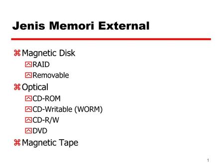Jenis Memori External Magnetic Disk Optical Magnetic Tape RAID